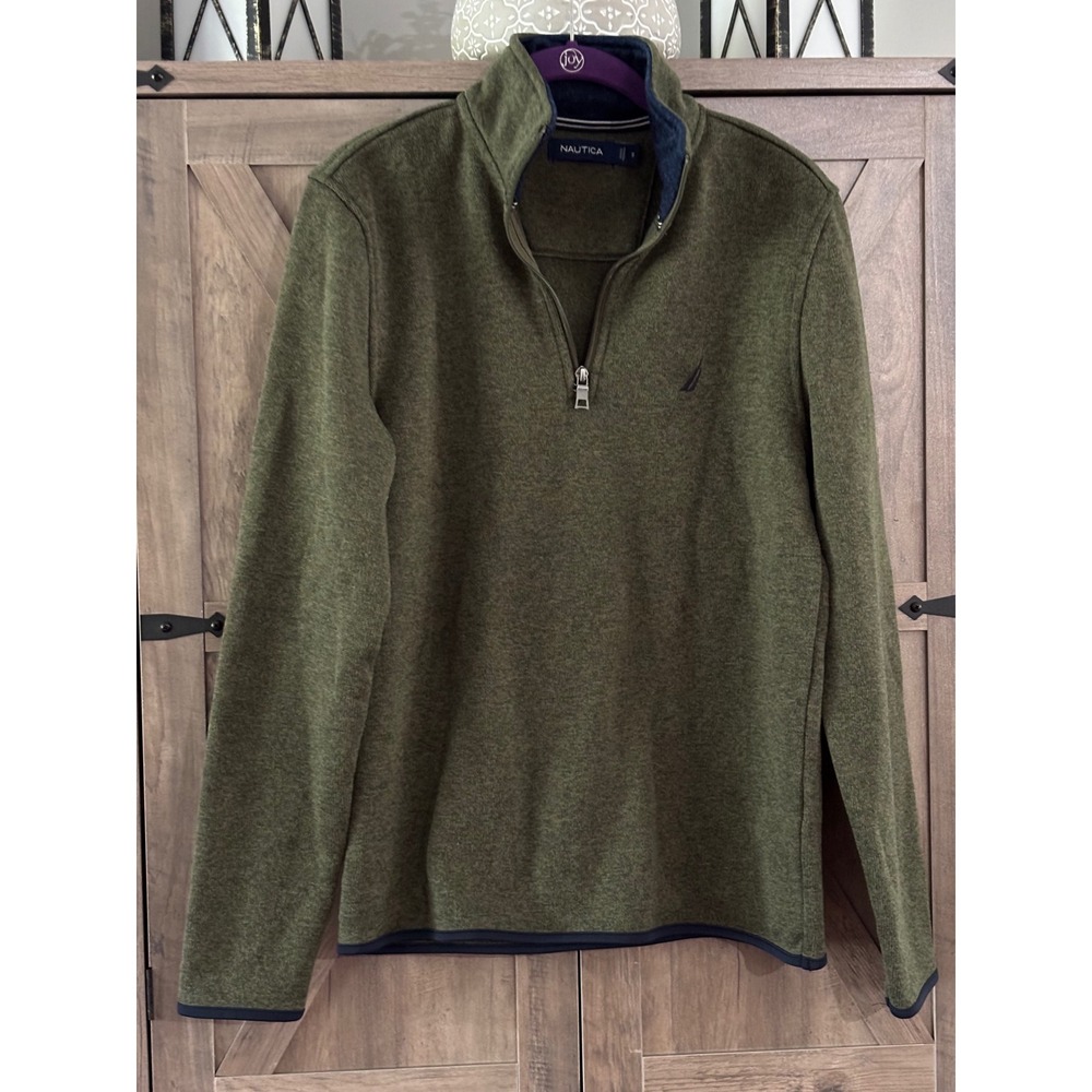 Nautica Mens Quarter Zip Pullover Sweater Olive Green Heather Knit Size S